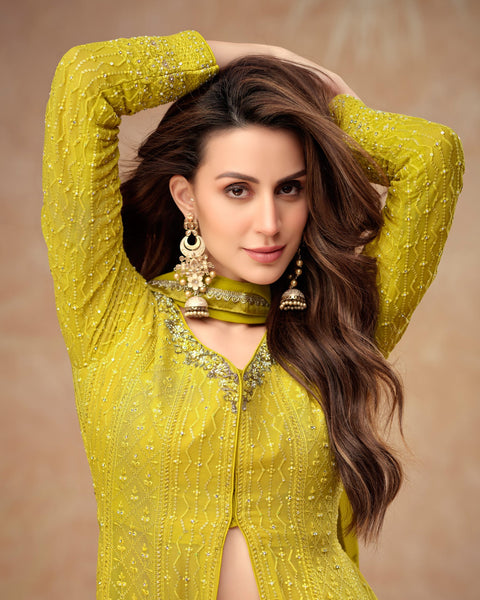 Yellow Georgette Thread & Sequins Work Woman Readymade Frock Suit With Palazzo