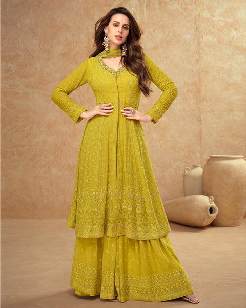 Yellow Georgette Thread & Sequins Work Woman Readymade Frock Suit With Palazzo