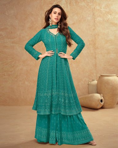 Teal Georgette Thread & Sequins Work Woman Readymade Frock Suit With Palazzo