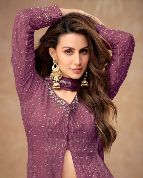 Wine Georgette Thread & Sequins Work Woman Readymade Frock Suit With Palazzo