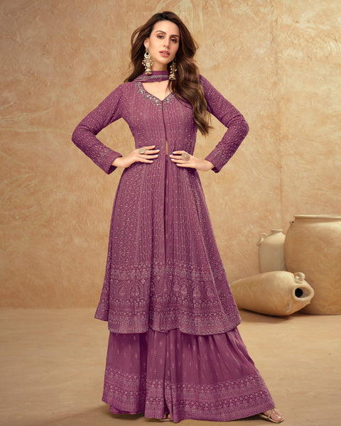 Wine Georgette Thread & Sequins Work Woman Readymade Frock Suit With Palazzo