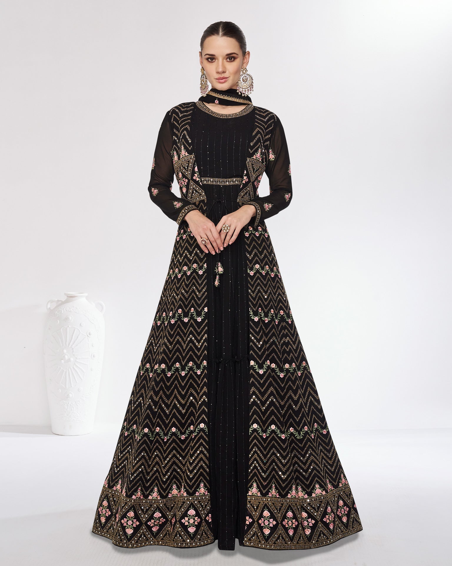 Black Zari & Thread Work Georgette Readymade Anarkali Suit With Jacket