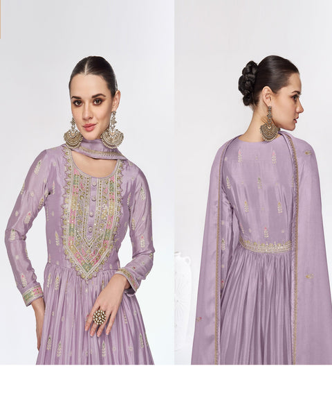 Lavender Sequins & Thread Work Chinnon Silk Readymade Anarkali Suit With Jacket
