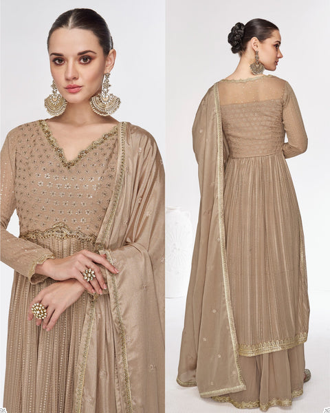 Beige Sequins & Beadds Work Chinnon Silk Readymade Anarkali Palazzo Suit