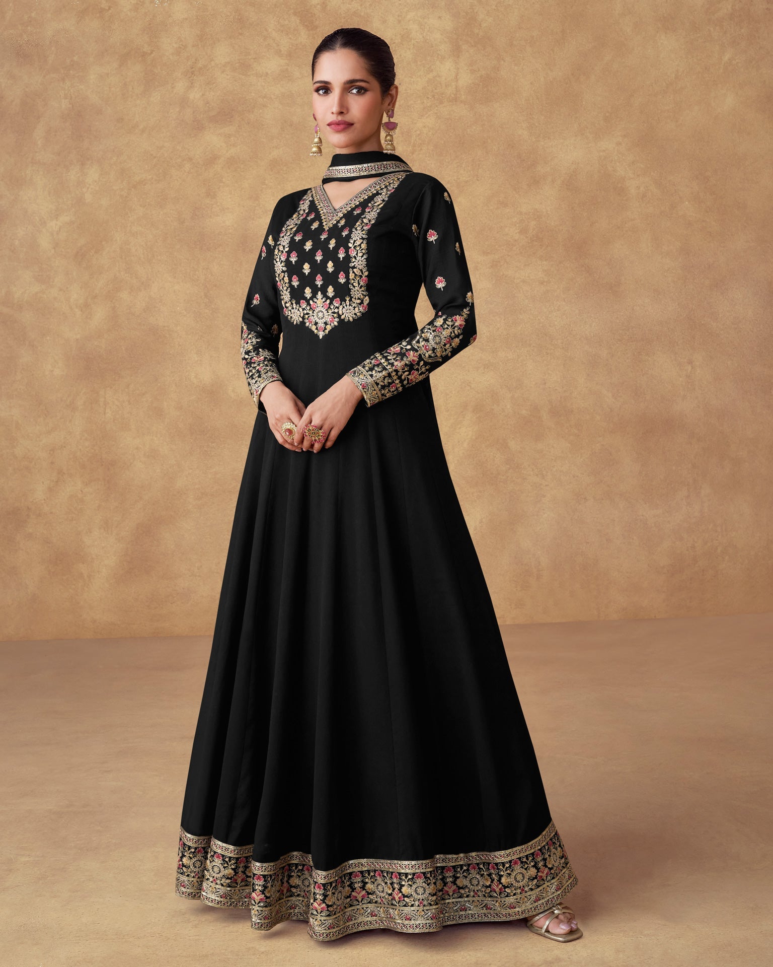 Black Chinnon Silk Thread Work Embroidery Georgette Women Readymade Anarkali Frock Suit