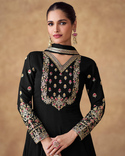 Black Chinnon Silk Thread Work Embroidery Georgette Women Readymade Anarkali Frock Suit