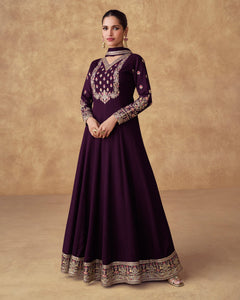 Wine Chinnon Silk Thread Work Embroidery Georgette Women Readymade Anarkali Frock Suit