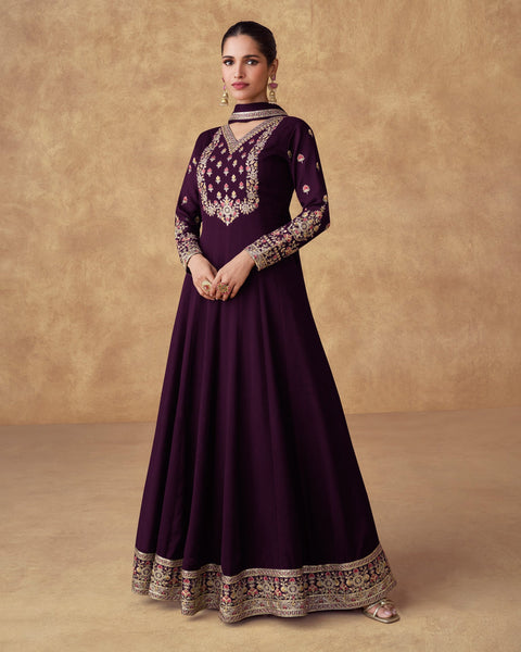 Wine Chinnon Silk Thread Work Embroidery Georgette Women Readymade Anarkali Frock Suit