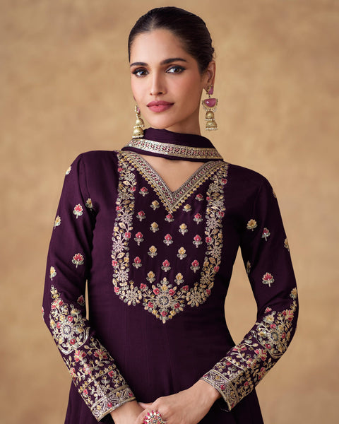 Wine Chinnon Silk Thread Work Embroidery Georgette Women Readymade Anarkali Frock Suit