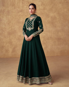 Green Chinnon Silk Thread Work Embroidery Georgette Women Readymade Anarkali Frock Suit