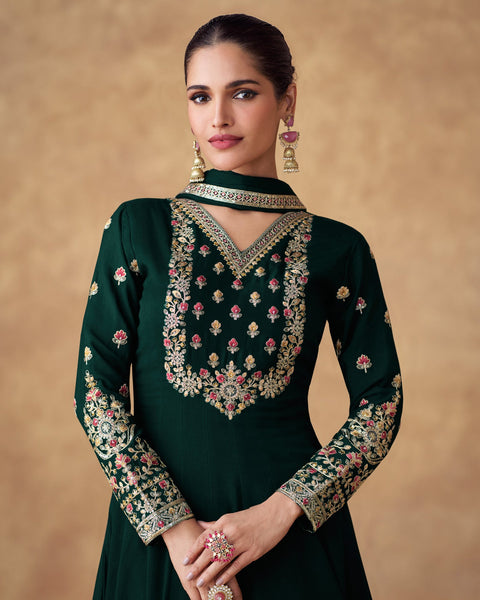 Green Chinnon Silk Thread Work Embroidery Georgette Women Readymade Anarkali Frock Suit
