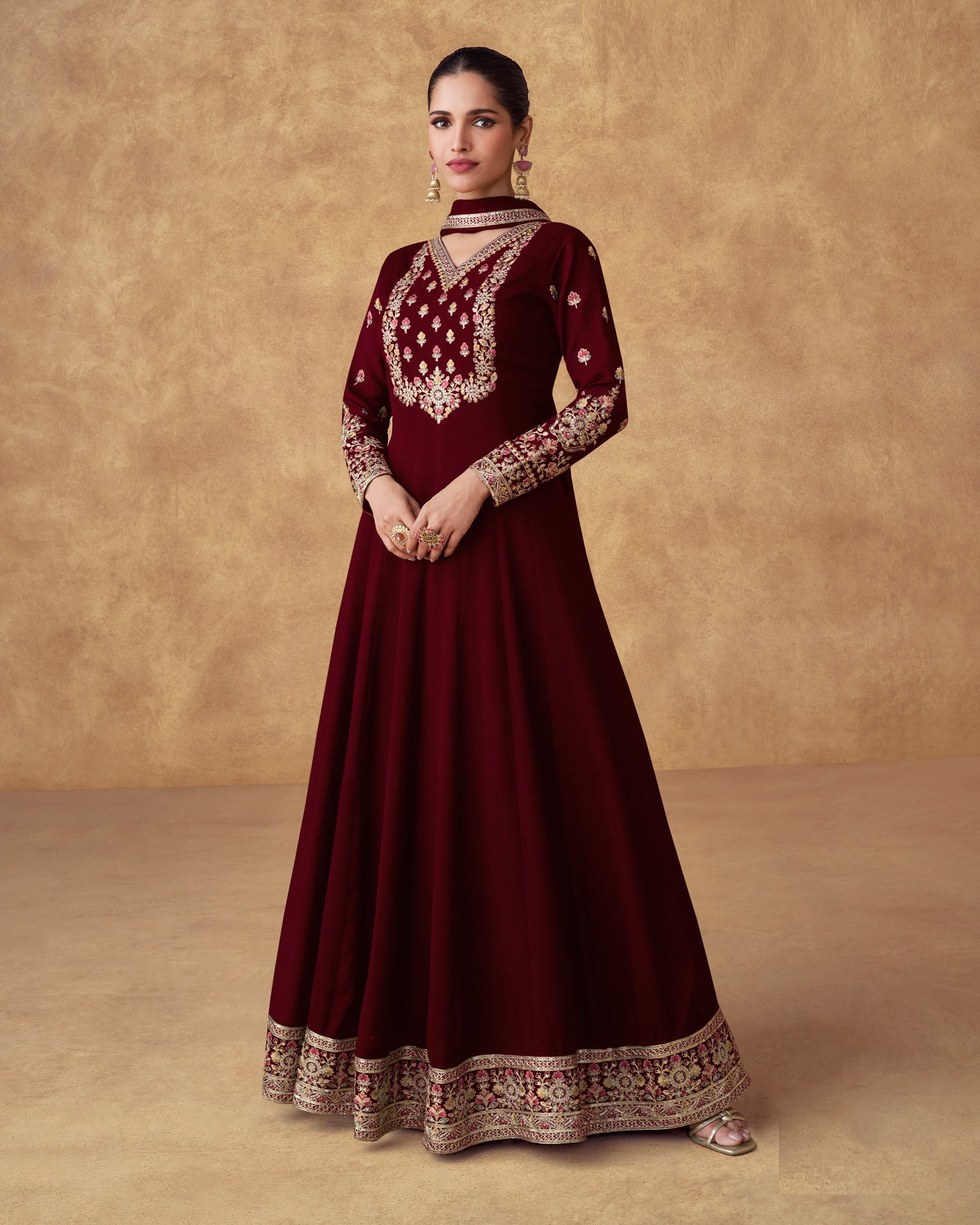 Maroon Chinnon Silk Thread Work Embroidery Georgette Women Readymade Anarkali Frock Suit