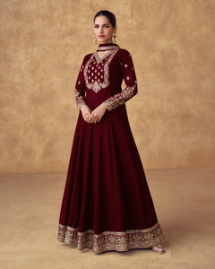 Maroon Chinnon Silk Thread Work Embroidery Georgette Women Readymade Anarkali Frock Suit