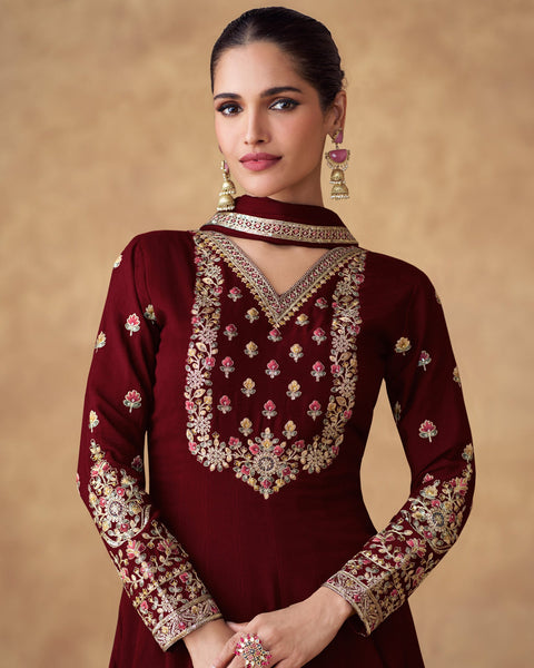 Maroon Chinnon Silk Thread Work Embroidery Georgette Women Readymade Anarkali Frock Suit