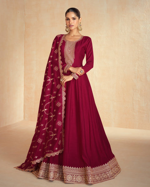 Maroon Floor Length Silk Women Readymade Anarkali Gown With Silk Embroidered Dupatta