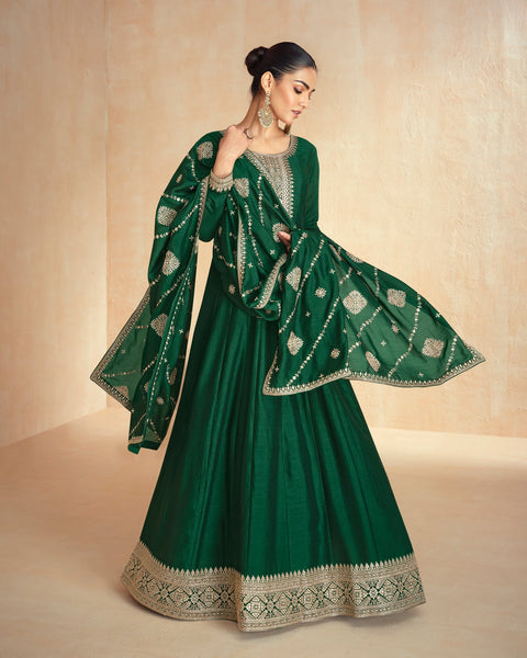 Green Floor Length Silk Women Readymade Anarkali Gown With Silk Embroidered Dupatta