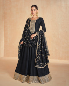 Black Floor Length Silk Women Readymade Anarkali Gown With Silk Embroidered Dupatta