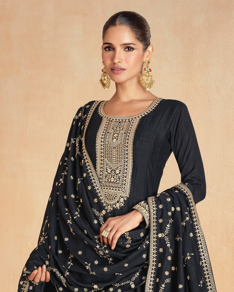 Black Floor Length Silk Women Readymade Anarkali Gown With Silk Embroidered Dupatta