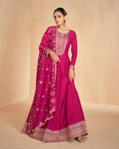 Pink Floor Length Silk Women Readymade Anarkali Gown With Silk Embroidered Dupatta