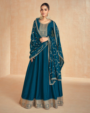 Blue Floor Length Silk Women Readymade Anarkali Gown With Silk Embroidered Dupatta