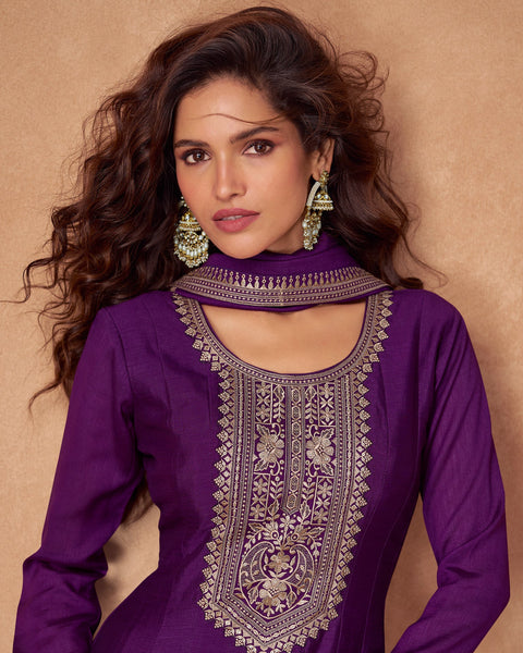 Purple Zari Work Silk Women Readymade Anarkali Frock Suit