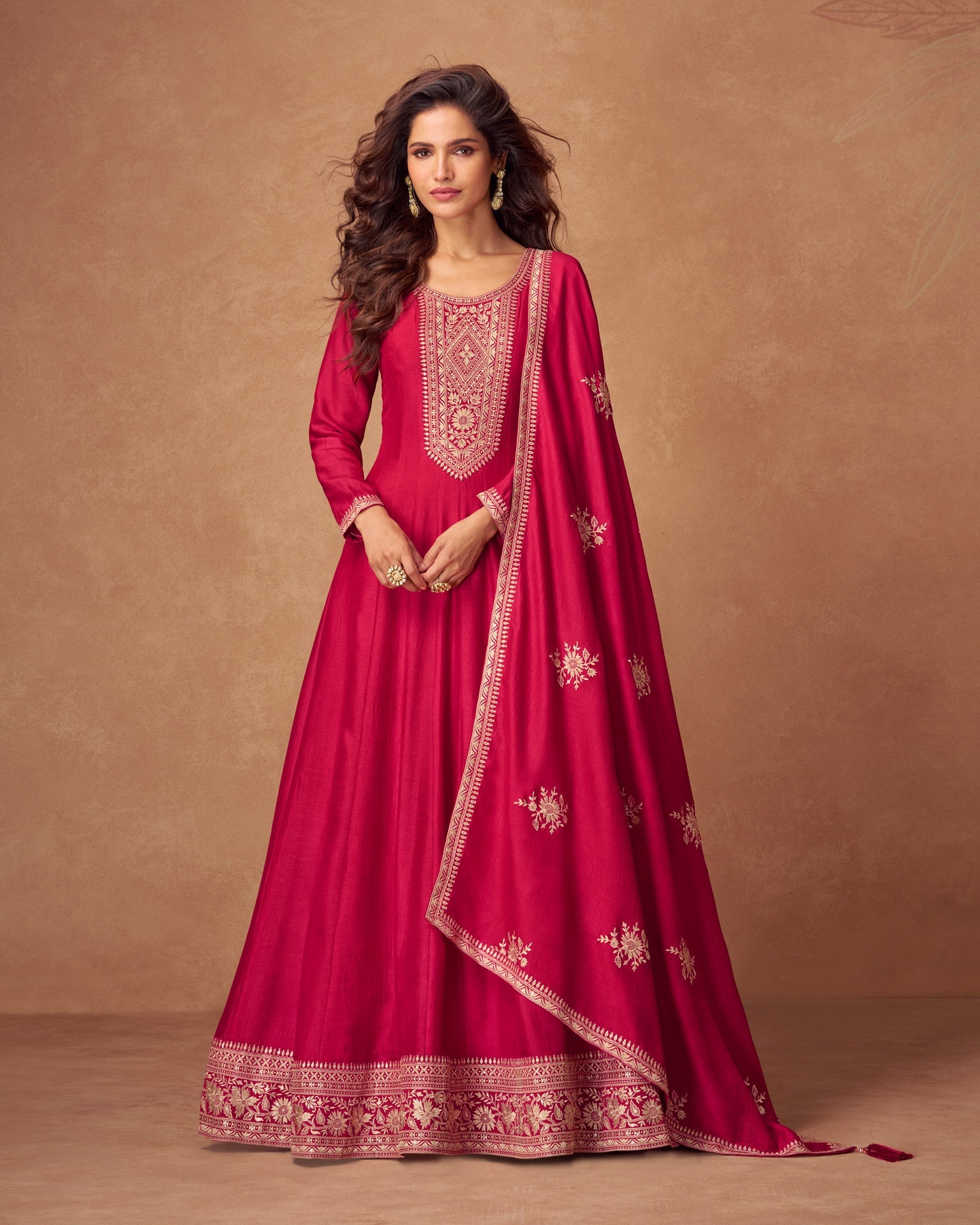 Pink Zari Work Silk Women Readymade Anarkali Frock Suit