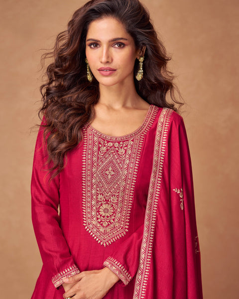 Pink Zari Work Silk Women Readymade Anarkali Frock Suit