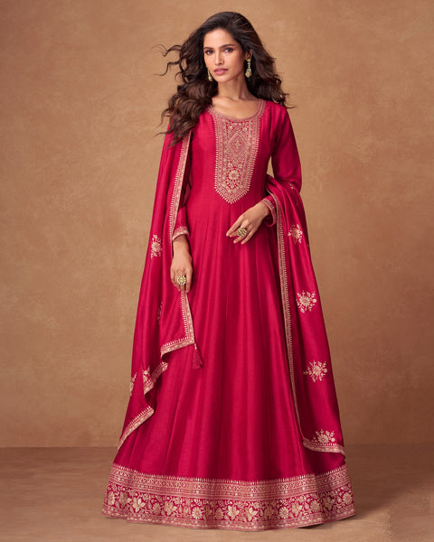 Pink Zari Work Silk Women Readymade Anarkali Frock Suit