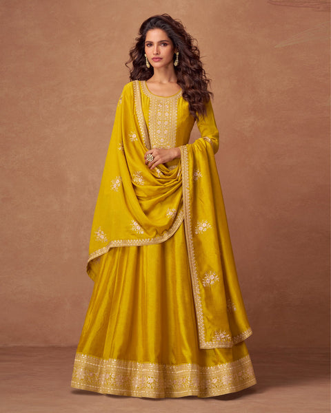 Yellow Zari Work Silk Women Readymade Anarkali Frock Suit