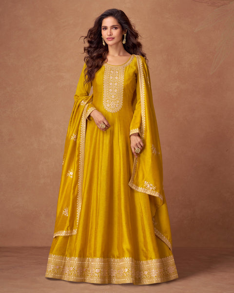 Yellow Zari Work Silk Women Readymade Anarkali Frock Suit