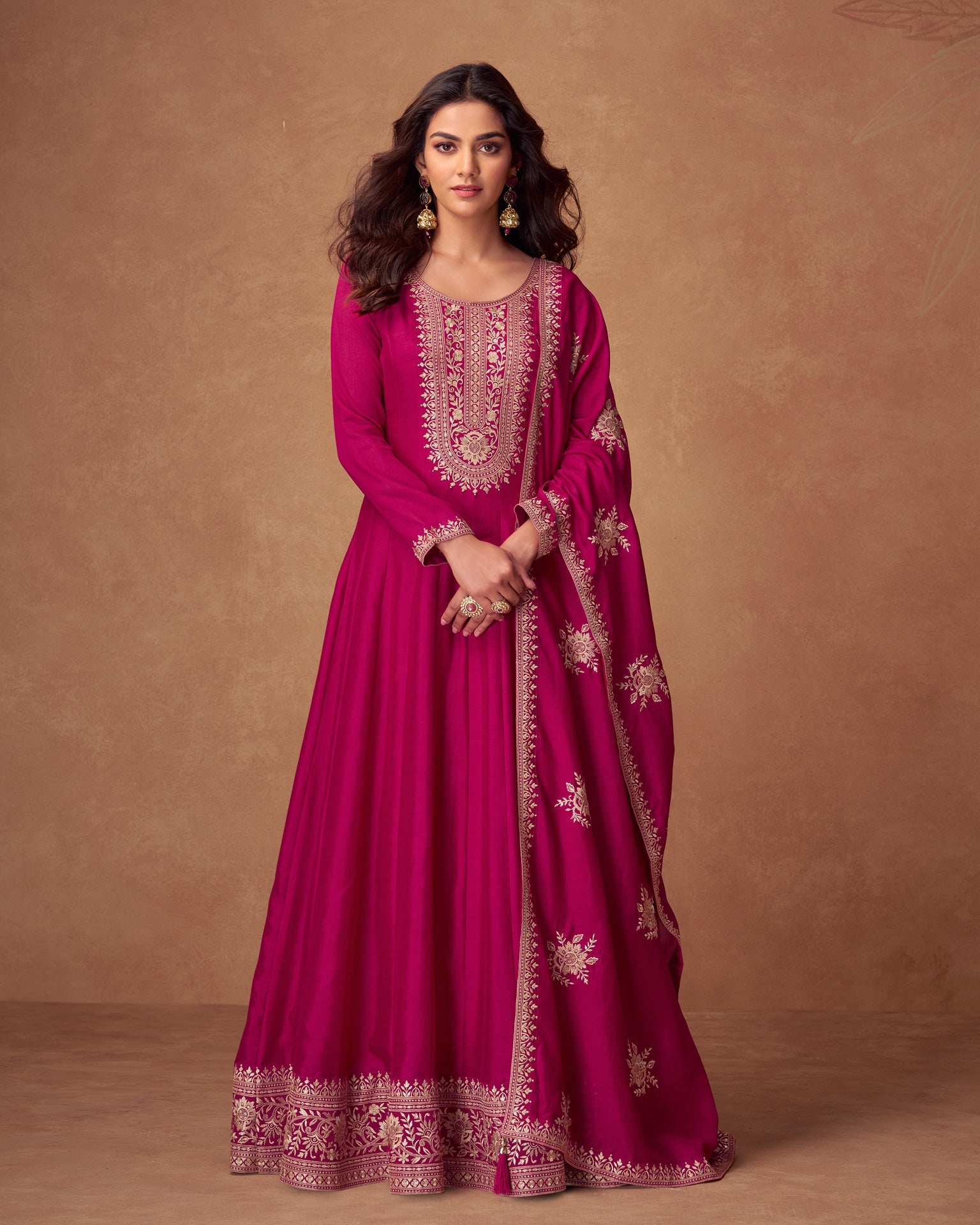 Magenta Zari Work Silk Women Readymade Anarkali Frock Suit