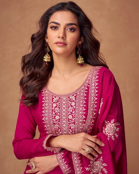 Magenta Zari Work Silk Women Readymade Anarkali Frock Suit