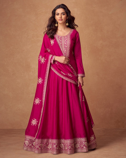 Magenta Zari Work Silk Women Readymade Anarkali Frock Suit