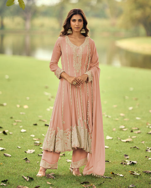 Peach Pure Georgette Readymade Anarkali Palazzo Suit For Women