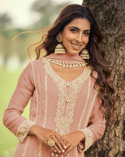 Peach Pure Georgette Readymade Anarkali Palazzo Suit For Women