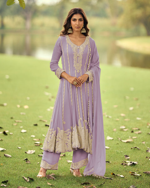 Purple Pure Georgette Readymade Anarkali Palazzo Suit For Women