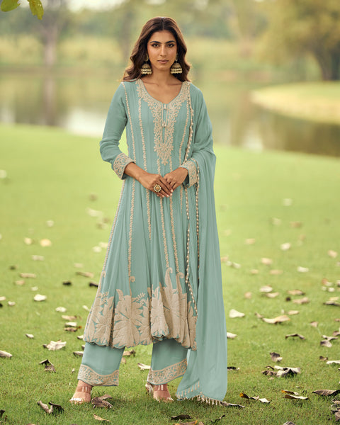 Blue Pure Georgette Readymade Anarkali Palazzo Suit For Women