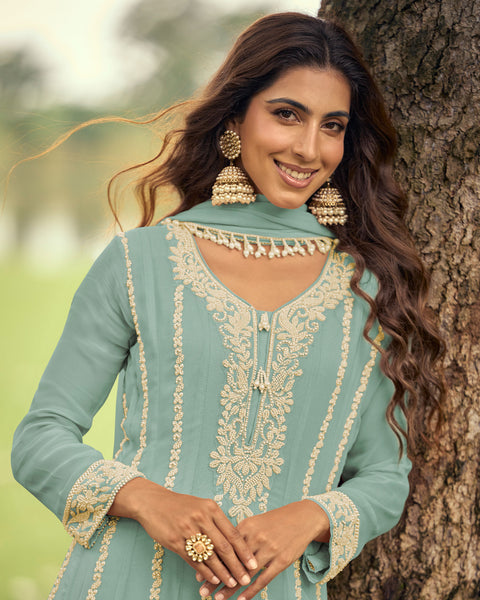 Blue Pure Georgette Readymade Anarkali Palazzo Suit For Women