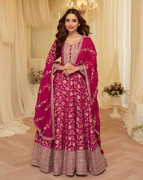Pink Viscose Jacquard Women Readymade Anarkali Gown With Dupatta
