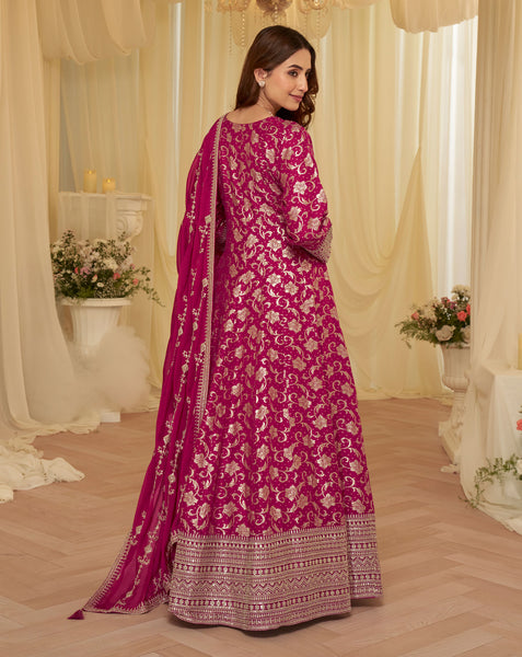 Pink Viscose Jacquard Women Readymade Anarkali Gown With Dupatta