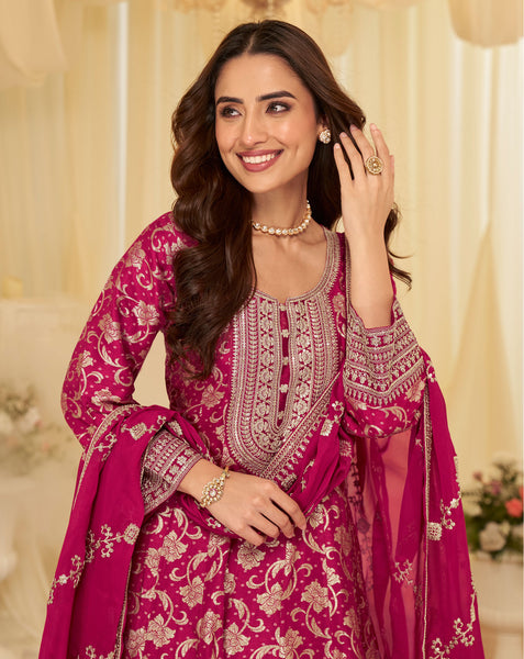 Pink Viscose Jacquard Women Readymade Anarkali Gown With Dupatta