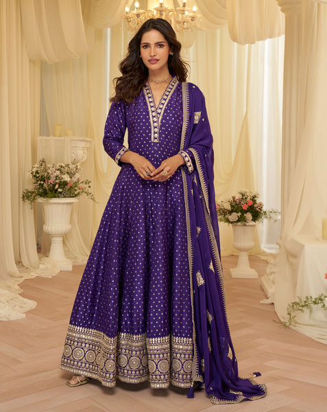 Purple Viscose Jacquard Women Readymade Anarkali Gown With Dupatta