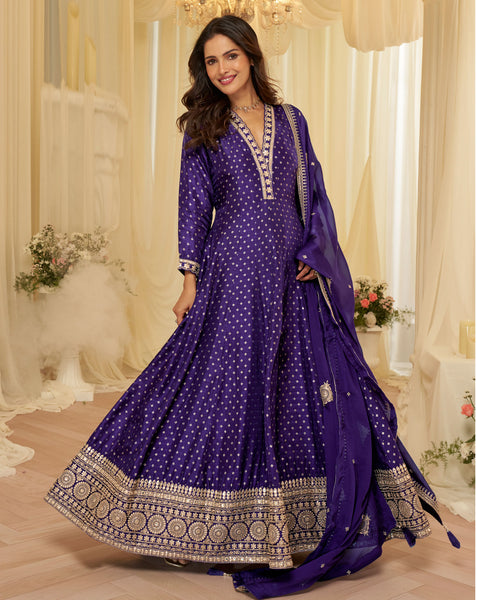 Purple Viscose Jacquard Women Readymade Anarkali Gown With Dupatta