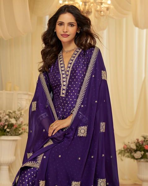 Purple Viscose Jacquard Women Readymade Anarkali Gown With Dupatta
