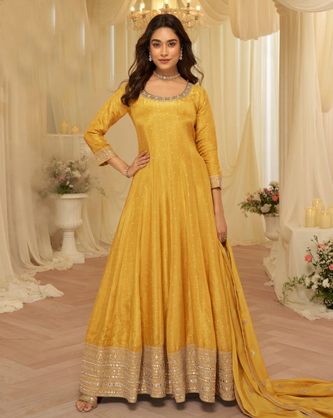 Yellow Viscose Jacquard Women Readymade Anarkali Gown With Dupatta