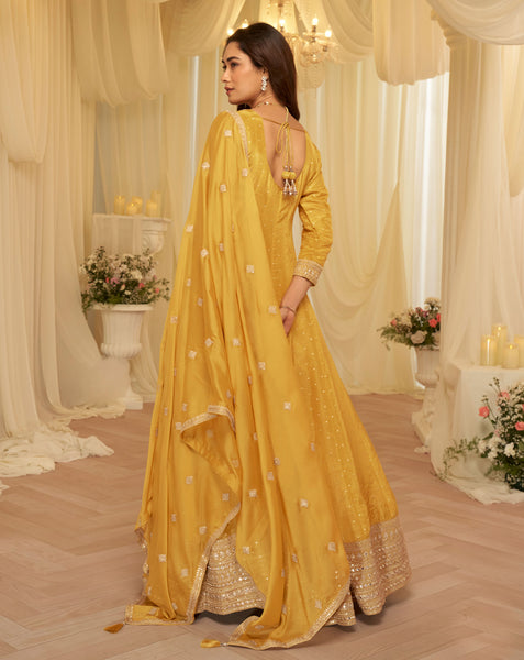 Yellow Viscose Jacquard Women Readymade Anarkali Gown With Dupatta