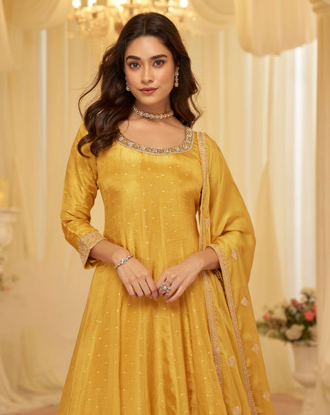 Yellow Viscose Jacquard Women Readymade Anarkali Gown With Dupatta
