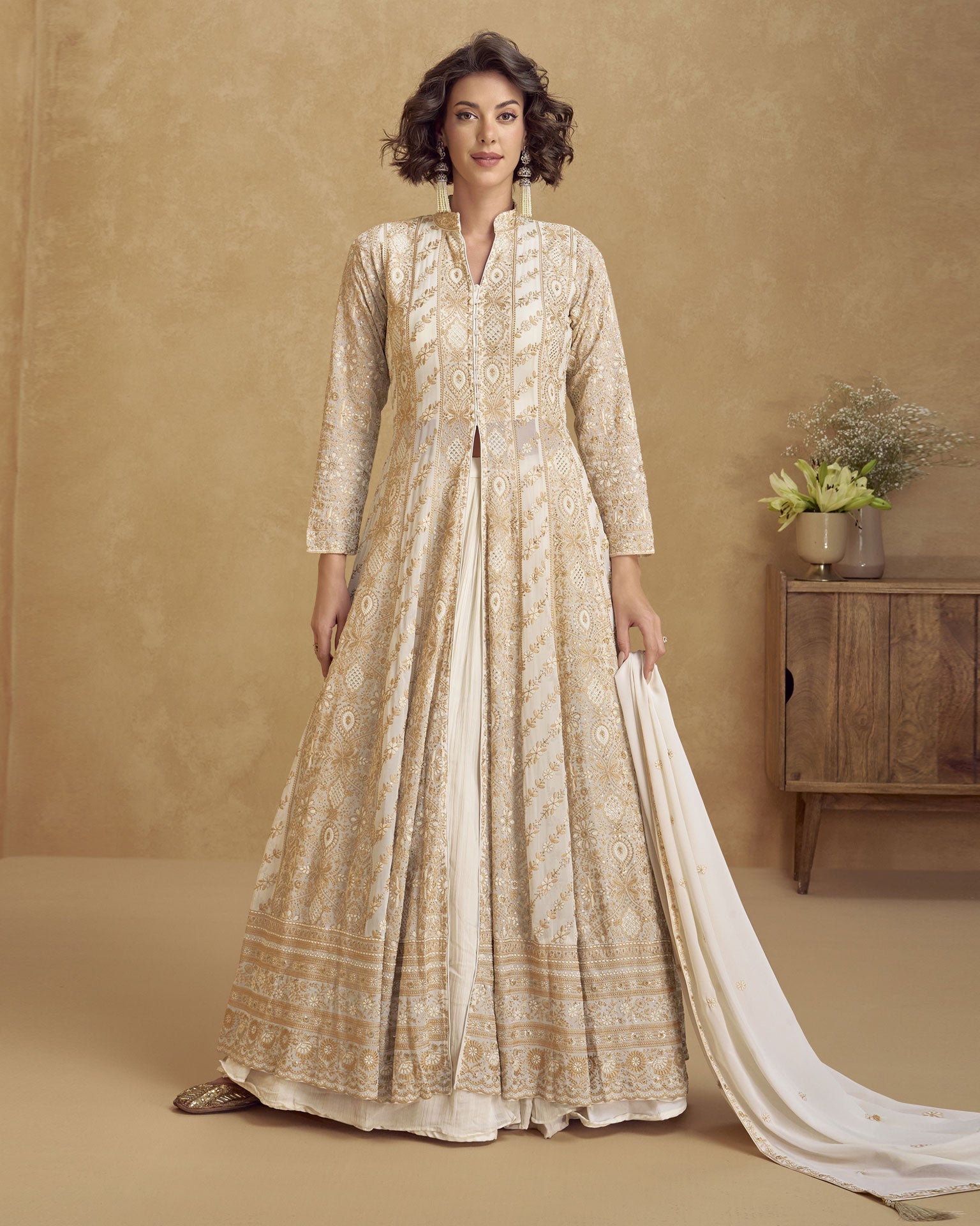 Cream Georgette Readymade Anarkali Lehenga Suit For Women