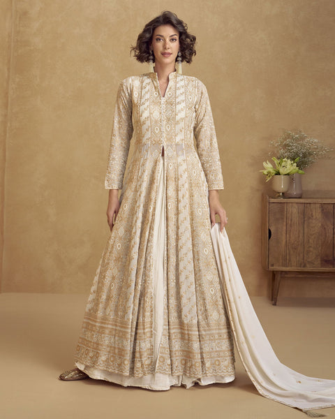 Cream Georgette Readymade Anarkali Lehenga Suit For Women