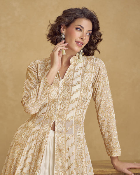 Cream Georgette Readymade Anarkali Lehenga Suit For Women